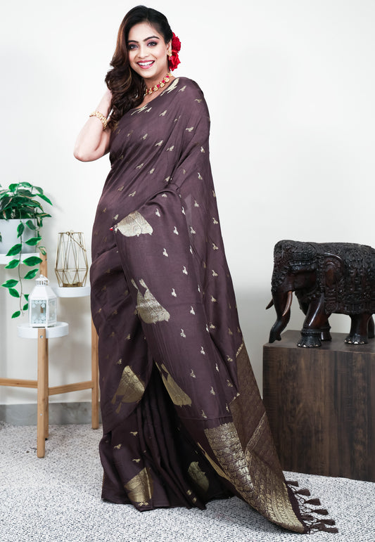 Brown Mashru Silk Saree with Blouse Piece