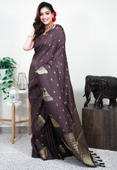 Brown Mashru Silk Saree with Blouse Piece