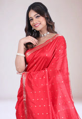 Red Pure Katan Silk Saree with Blouse Piece - Adi Akshoy & Co.