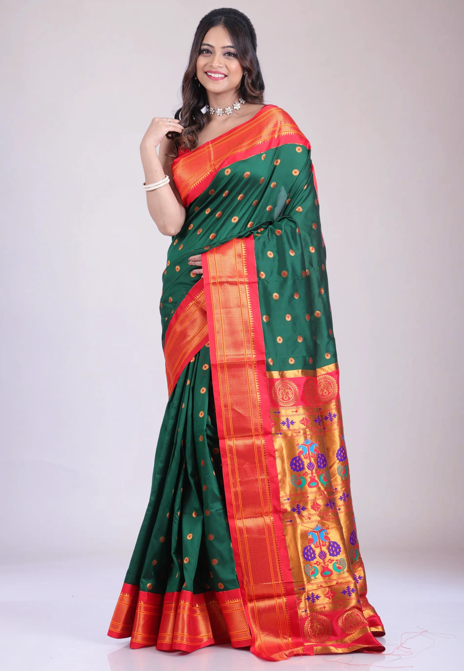 Bottle Green Paithani Silk Saree With Blouse Piece - Adi Akshoy & Co.