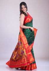 Bottle Green Paithani Silk Saree With Blouse Piece - Adi Akshoy & Co.