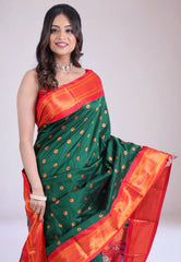 Bottle Green Paithani Silk Saree With Blouse Piece - Adi Akshoy & Co.