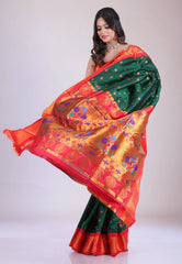 Bottle Green Paithani Silk Saree With Blouse Piece - Adi Akshoy & Co.