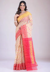 Beige Dhakai Jamdani Cotton Saree with Blouse Piece - Adi Akshoy & Co.