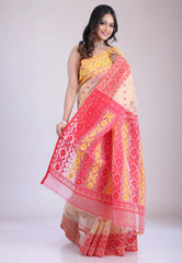 Beige Dhakai Jamdani Cotton Saree with Blouse Piece - Adi Akshoy & Co.