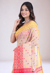Beige Dhakai Jamdani Cotton Saree with Blouse Piece - Adi Akshoy & Co.