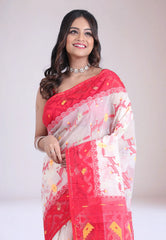 White Dhakai Jamdani Cotton Saree without Blouse Piece - Adi Akshoy & Co.