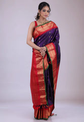 Navy Blue Pure Gadwal Silk Saree With Blouse Piece - Adi Akshoy & Co.