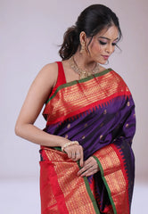 Navy Blue Pure Gadwal Silk Saree With Blouse Piece - Adi Akshoy & Co.