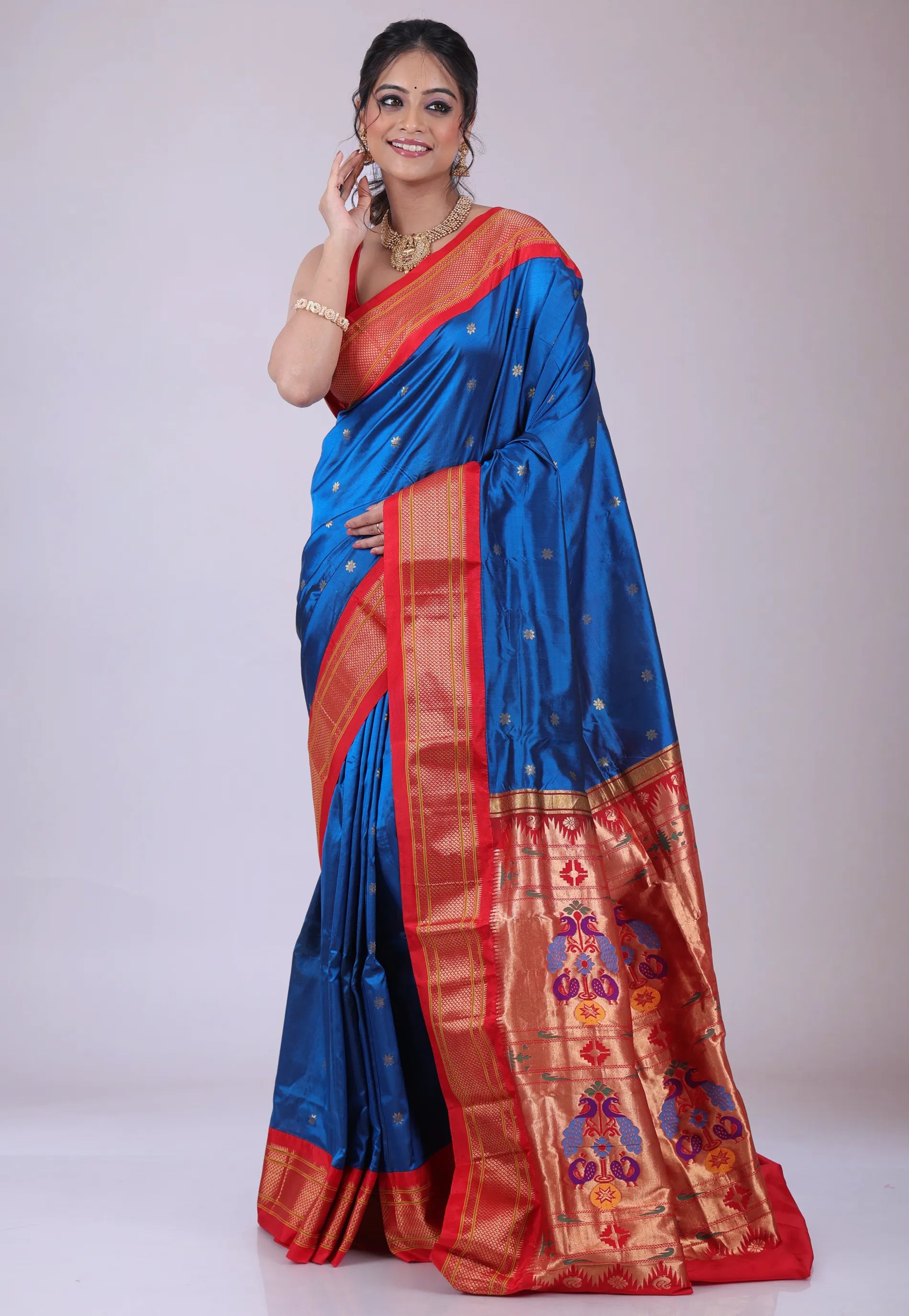 Peacock Blue Pure Paithani Silk Saree With Blouse Piece - Adi Akshoy & Co.
