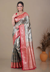 Silver Grey Tissue Silk Saree with Blouse Piece - Adi Akshoy & Co.