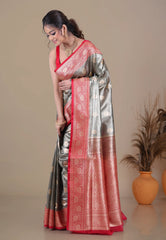 Silver Grey Tissue Silk Saree with Blouse Piece - Adi Akshoy & Co.