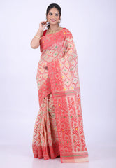 Beige Dhakai Jamdani Cotton Saree without Blouse Piece - Adi Akshoy & Co.