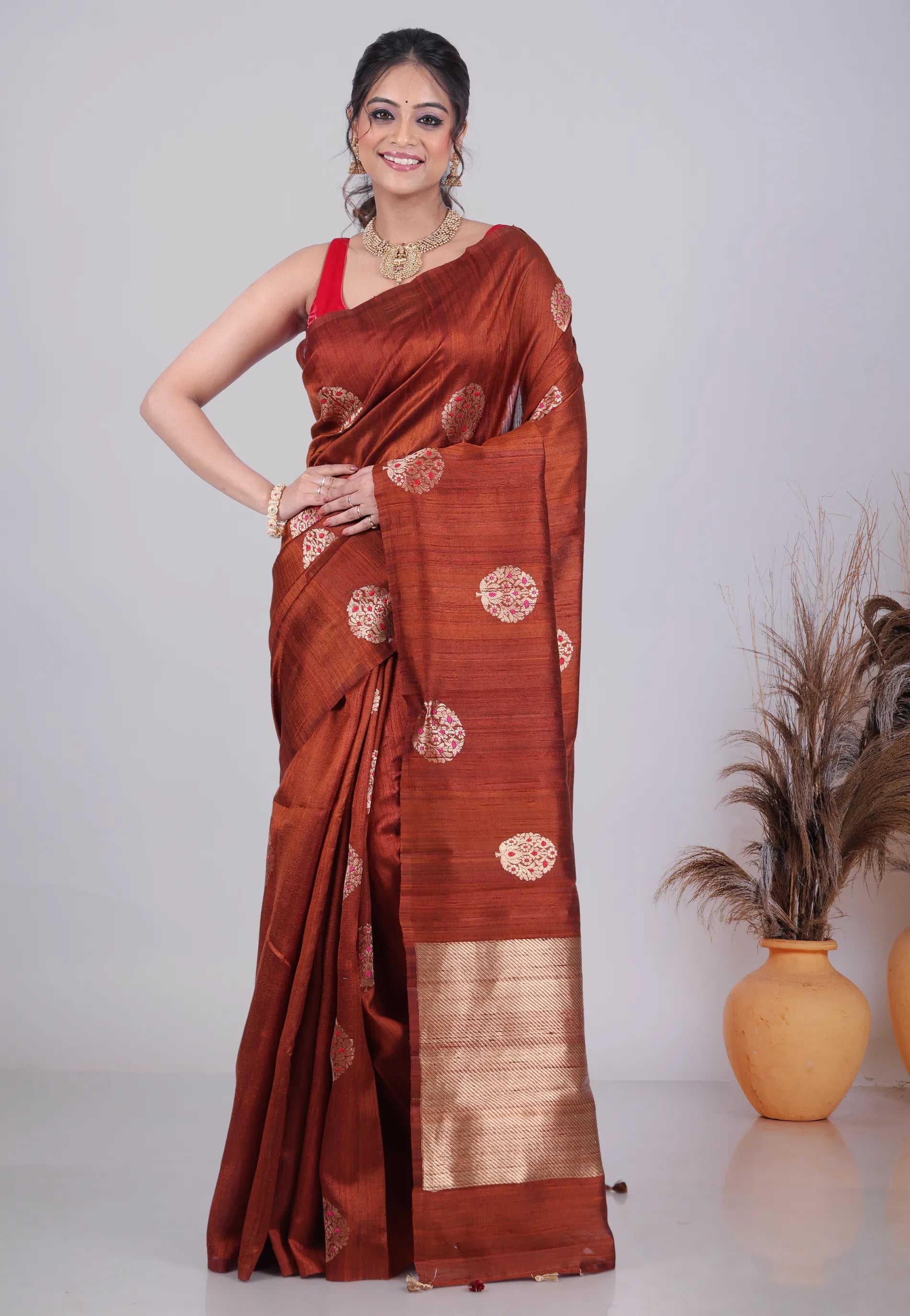Maroon Pure Tussar Silk Saree with Blouse Piece - Adi Akshoy & Co.