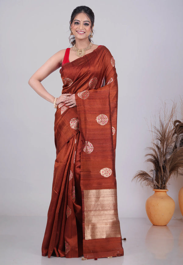 Maroon Pure Tussar Silk Saree with Blouse Piece - Adi Akshoy & Co.