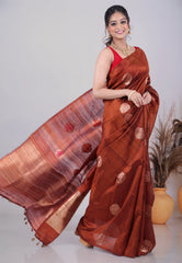 Maroon Pure Tussar Silk Saree with Blouse Piece - Adi Akshoy & Co.