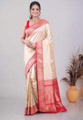 Beige Pure Katan Silk Saree with Blouse Piece - Adi Akshoy & Co.