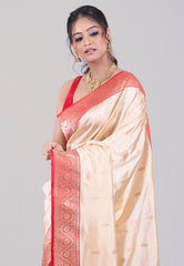 Beige Pure Katan Silk Saree with Blouse Piece - Adi Akshoy & Co.
