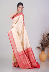 Beige Pure Katan Silk Saree with Blouse Piece - Adi Akshoy & Co.