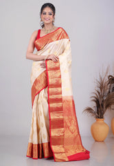 Beige Pure Kanjivaram Silk Saree with Blouse Piece - Adi Akshoy & Co.