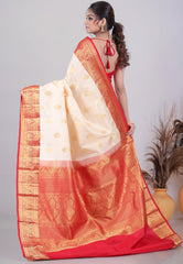 Beige Pure Kanjivaram Silk Saree with Blouse Piece - Adi Akshoy & Co.