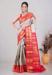 Gray Pure Kanjivaram Silk Saree with Blouse Piece - Adi Akshoy & Co.