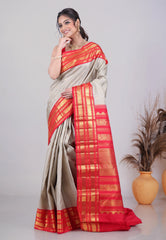 Gray Pure Kanjivaram Silk Saree with Blouse Piece - Adi Akshoy & Co.