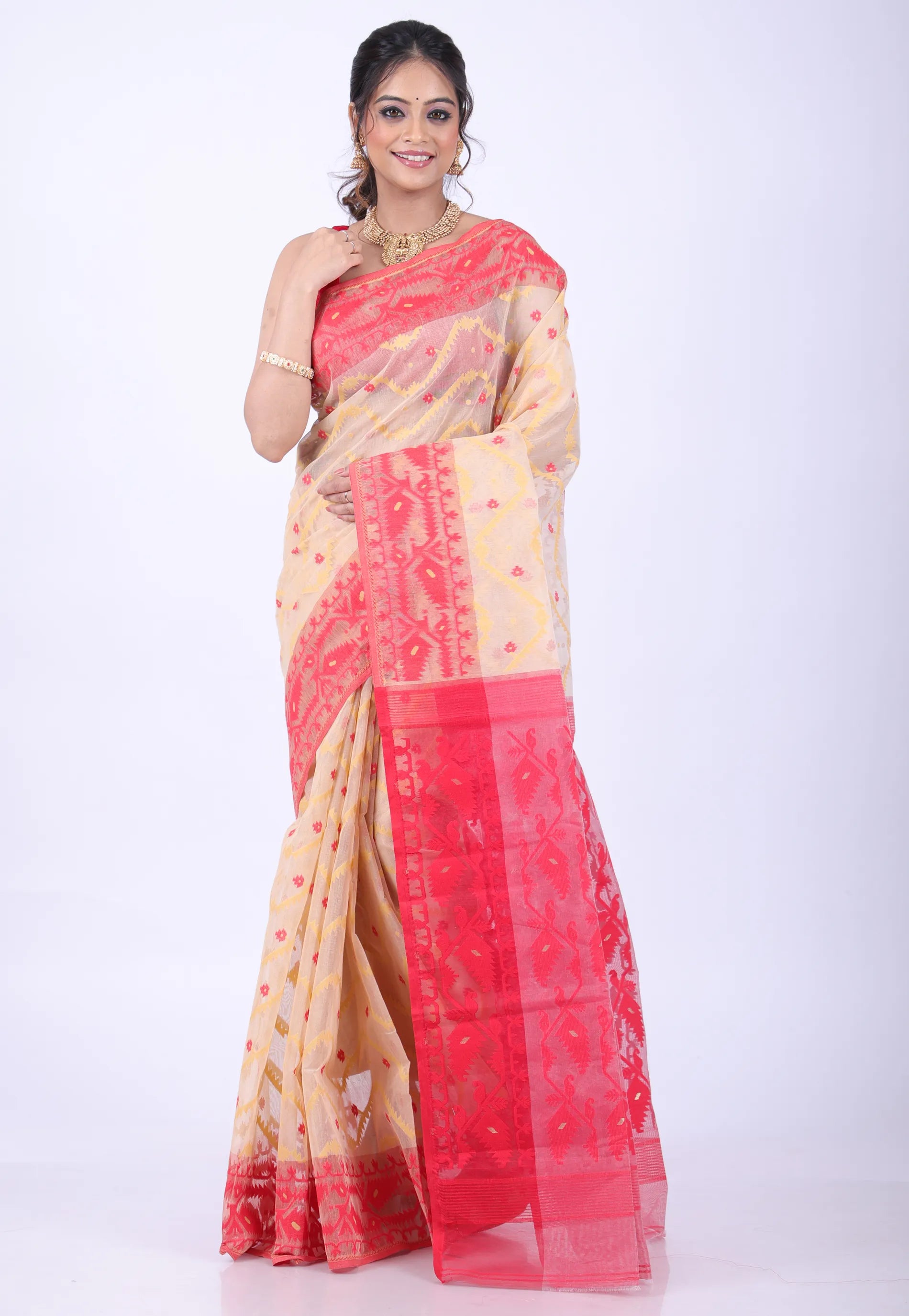 Beige Dhakai Jamdani Cotton Saree without Blouse Piece - Adi Akshoy & Co.