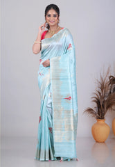 Sea Blue Pure Tussar Silk Saree with Blouse Piece - Adi Akshoy & Co.