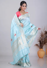 Sea Blue Pure Tussar Silk Saree with Blouse Piece - Adi Akshoy & Co.