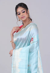 Sea Blue Pure Tussar Silk Saree with Blouse Piece - Adi Akshoy & Co.