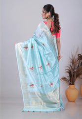 Sea Blue Pure Tussar Silk Saree with Blouse Piece - Adi Akshoy & Co.