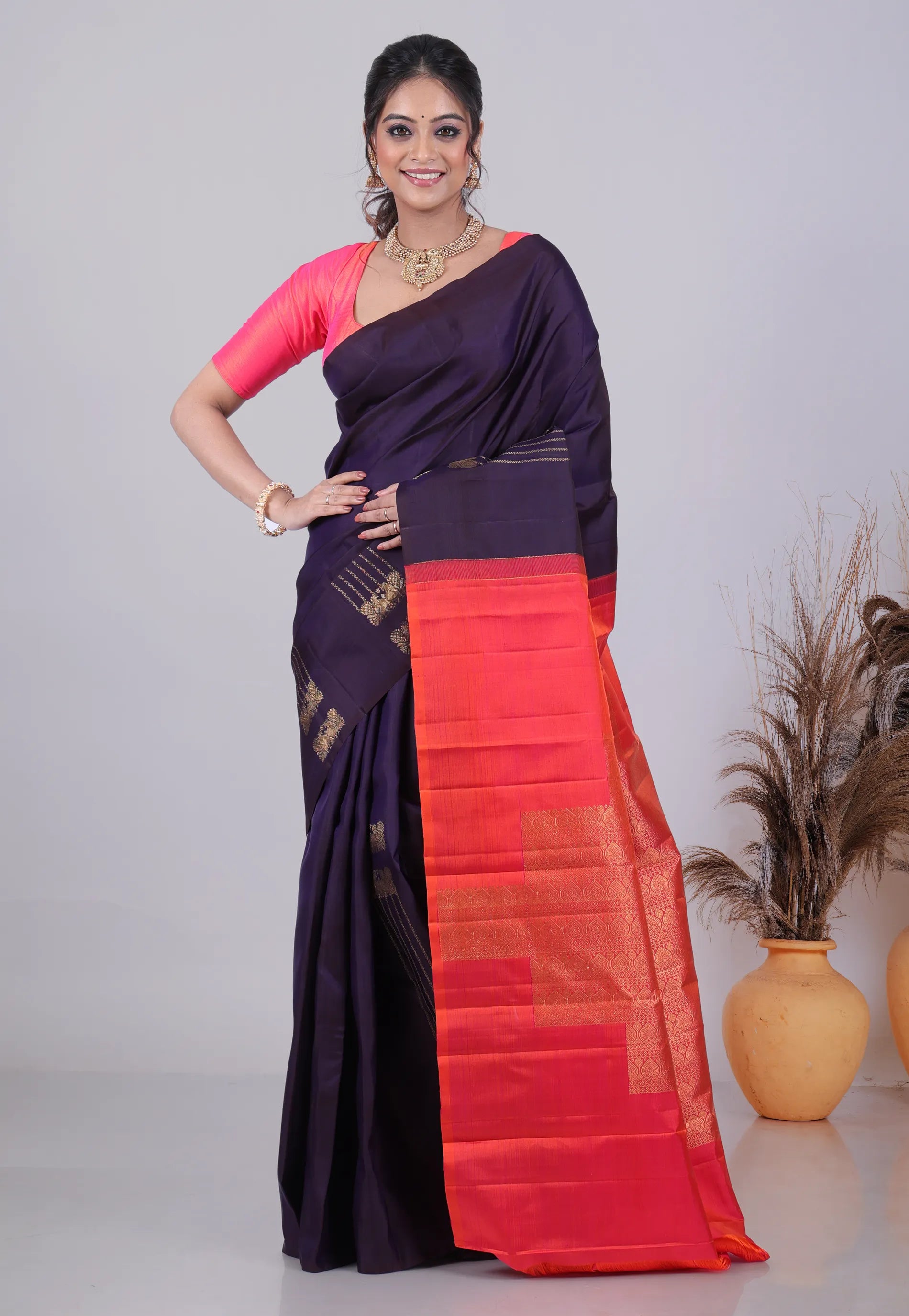 Deep Blue Pure Kanjivaram Silk Saree with Blouse Piece - Adi Akshoy & Co.