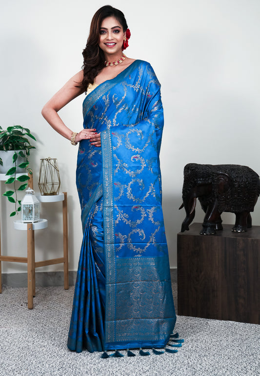 Feroza Blue Mashru Silk Saree with Blouse Piece