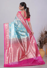 Sea Blue Tissue Silk Saree with Blouse Piece - Adi Akshoy & Co.