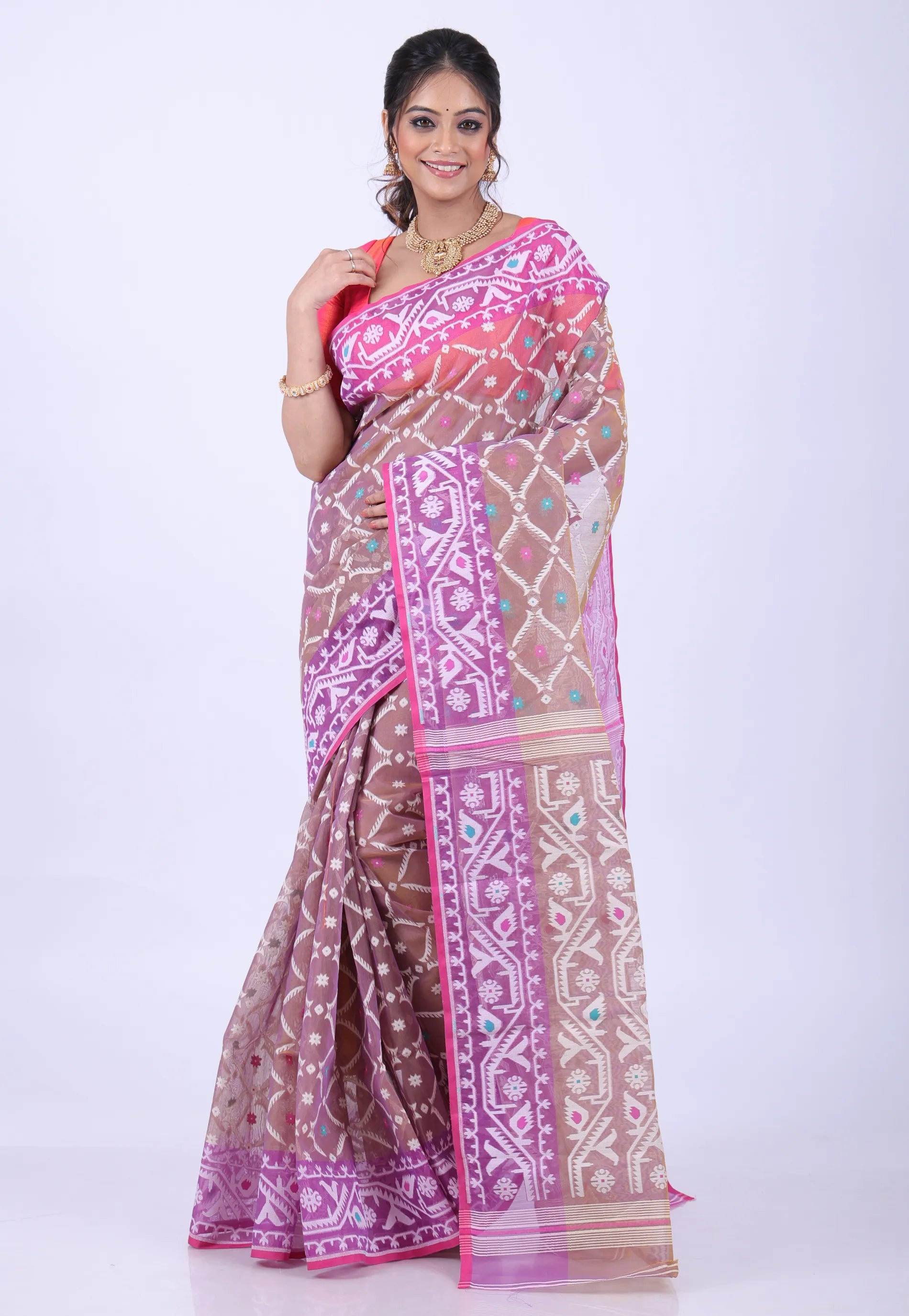Brown Dhakai Jamdani Cotton Saree without Blouse Piece - Adi Akshoy & Co.