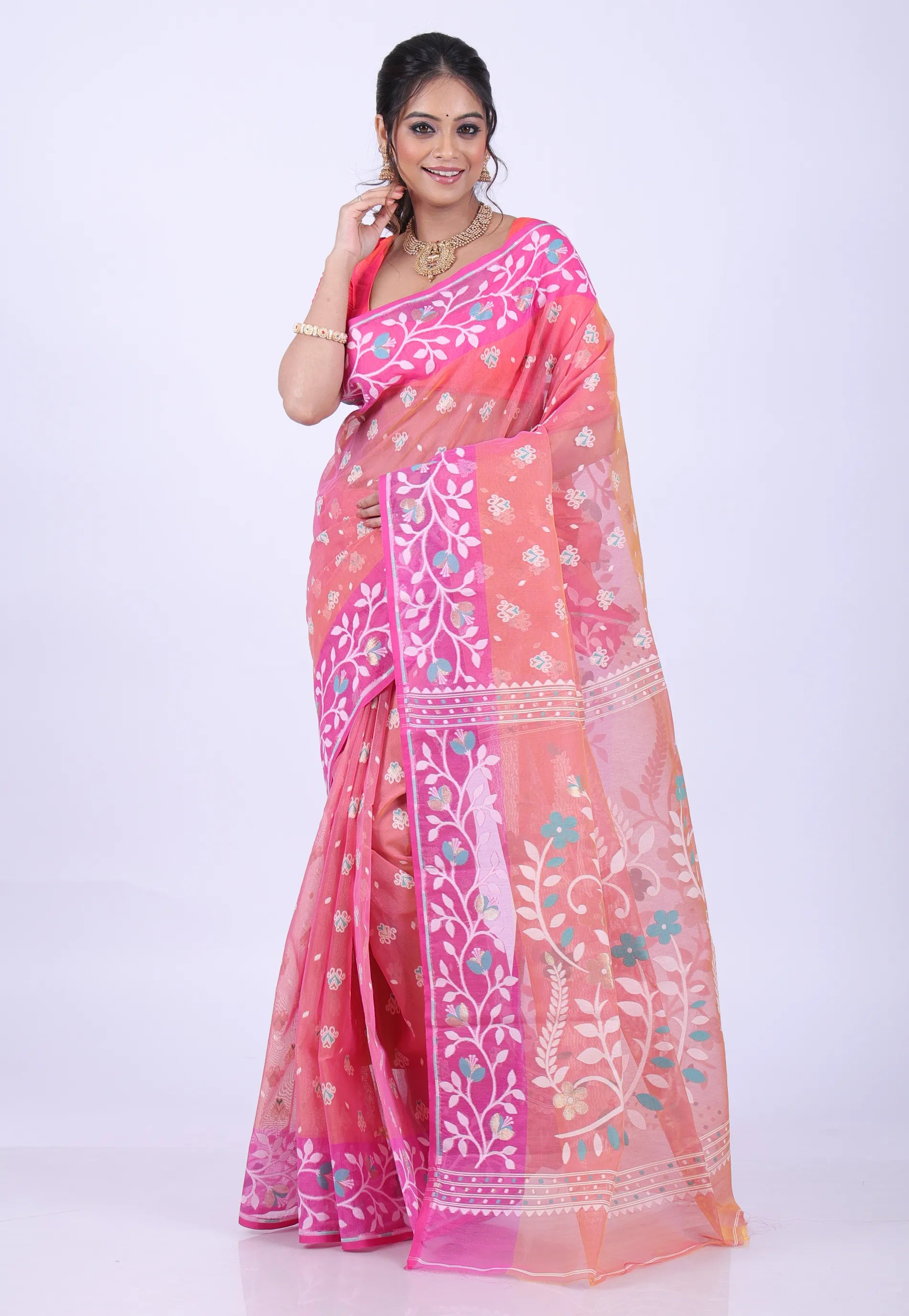Light Pink Dhakai Jamdani Cotton Saree without Blouse Piece - Adi Akshoy & Co.