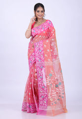 Light Pink Dhakai Jamdani Cotton Saree without Blouse Piece - Adi Akshoy & Co.