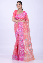 Light Pink Dhakai Jamdani Cotton Saree without Blouse Piece - Adi Akshoy & Co.
