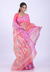 Light Pink Dhakai Jamdani Cotton Saree without Blouse Piece - Adi Akshoy & Co.