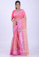 Light Pink Dhakai Jamdani Cotton Saree without Blouse Piece - Adi Akshoy & Co.