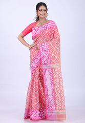 Light Pink Dhakai Jamdani Cotton Saree without Blouse Piece - Adi Akshoy & Co.