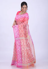 Light Pink Dhakai Jamdani Cotton Saree without Blouse Piece - Adi Akshoy & Co.