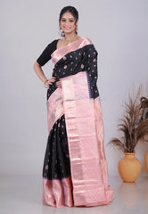 Black Pure Kanjivaram Silk Saree with Blouse Piece - Adi Akshoy & Co.