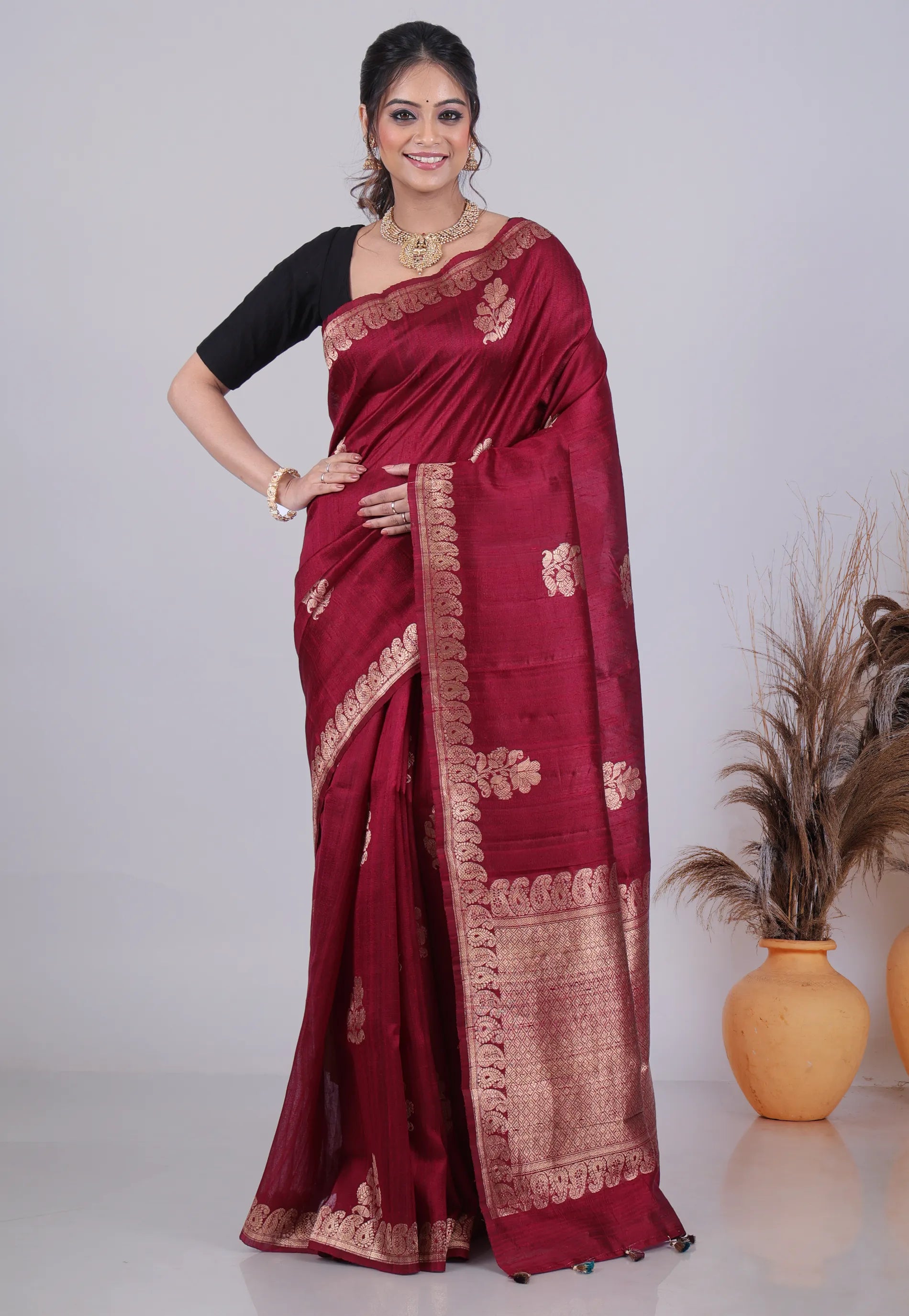 Maroon Pure Tussar Silk Saree with Blouse Piece - Adi Akshoy & Co.