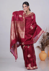 Maroon Pure Tussar Silk Saree with Blouse Piece - Adi Akshoy & Co.