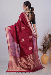 Maroon Pure Tussar Silk Saree with Blouse Piece - Adi Akshoy & Co.