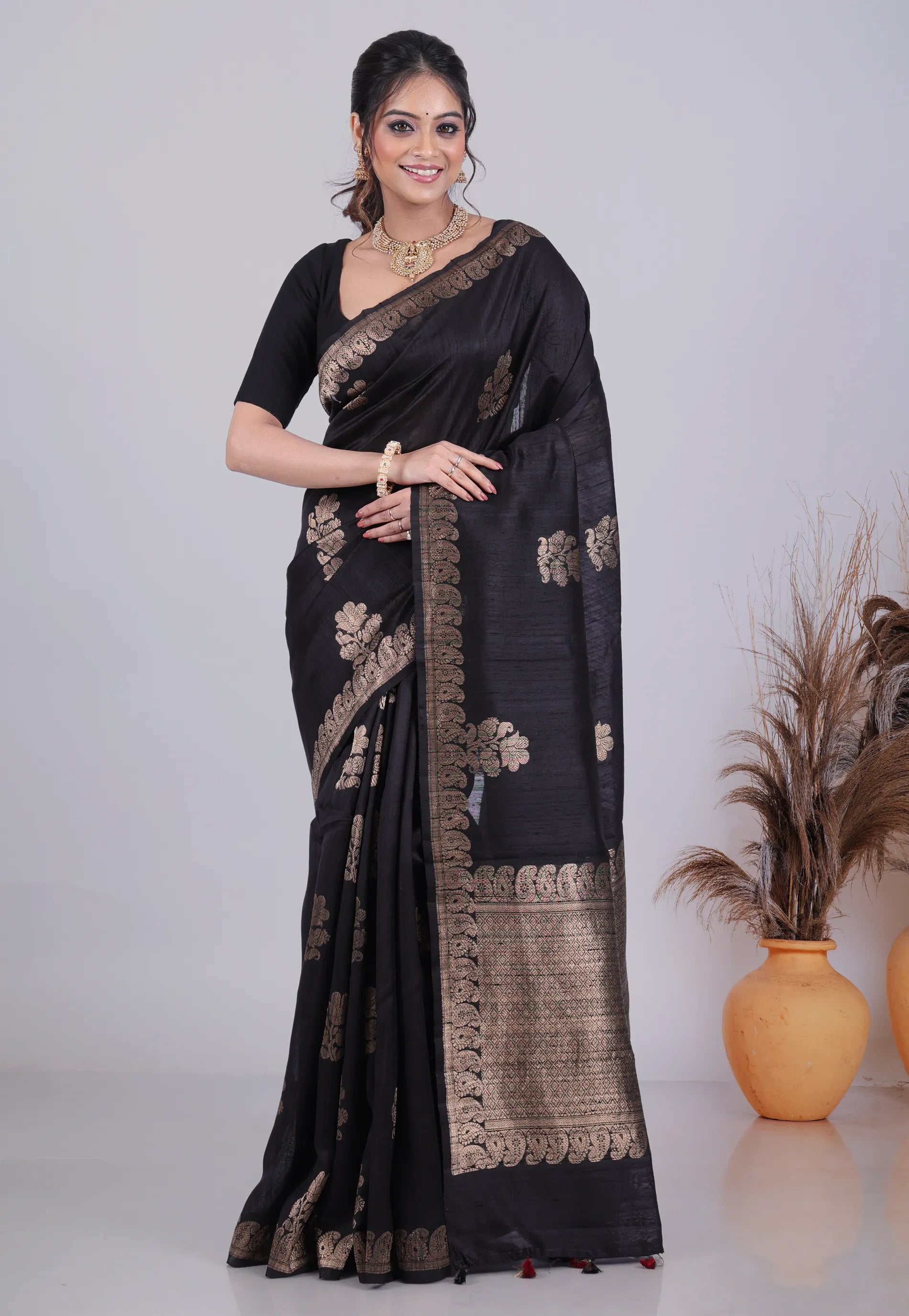 Black Pure Tussar Silk Saree with Blouse Piece - Adi Akshoy & Co.
