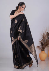 Black Pure Tussar Silk Saree with Blouse Piece - Adi Akshoy & Co.