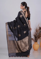 Black Pure Tussar Silk Saree with Blouse Piece - Adi Akshoy & Co.